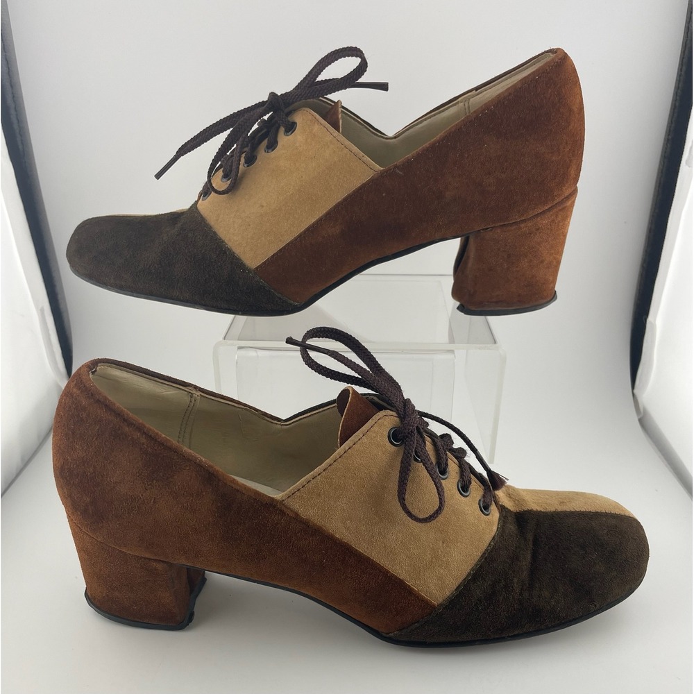 Vintage 60s Hush Puppies Colorblock‎ Suede Mod Heels Lace Up Brown 8M pumps